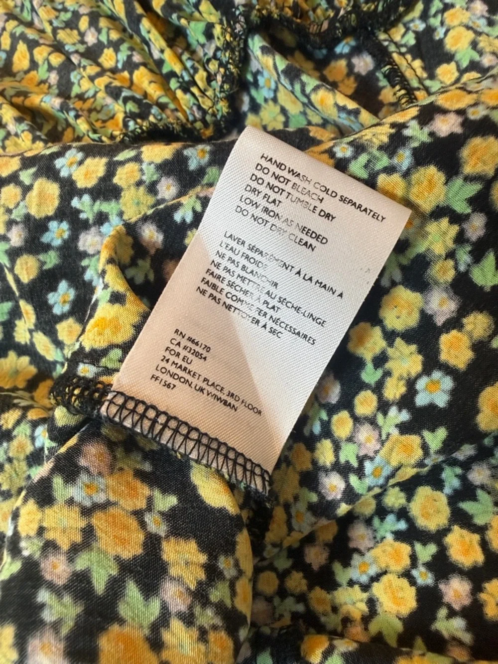 Faithfull The Brand Black‎ Yellow Floral Puff Sleeve Midi Dress L Size 8